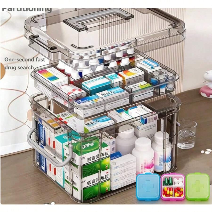 大容量多层带提手药品收纳盒 - 耐用防水塑料收纳盒，适合居家和旅行使用，透明盖设计方便取用，可用于家庭整理、房车、急救箱、船上等场所，空盒 - 綠色 - 查看 1