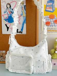 1个白色背景星星印花+蕾丝边斜挎包，拉链封口，甜美少女风格，适合学生和日常佩戴，四季皆宜。 - 白色 - 查看 3