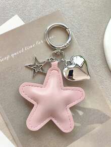1 pieza Llavero unisex de estrella de pentágono de unicolor nuevo, colgante de estrella acolchado de PU, accesorio minimalista con corazón pequeño, regalo de pareja, accesorio de bolso, esencial de viaje, Kawaii - Rosa Pálido - Ver 2