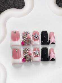 10pcs Princess Style Acrylic Nail Art Decoration Set, Including 3D Lollipop, Silver Star, Rose Red Flower, Silver Rhinestones, Solid Color Water Drops Nails Handmade Press On Nails - Multicolor - View 15