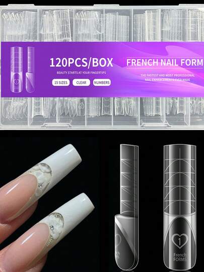120pcs/Box 3D Reverse French Dual Form Clear Nail Tips Magic Caps Zone French Nail Dual Form For Acrylic Nails Professional Cover Straight Tapered Square French Fake Nail Tips For Nail Salons Home DIY