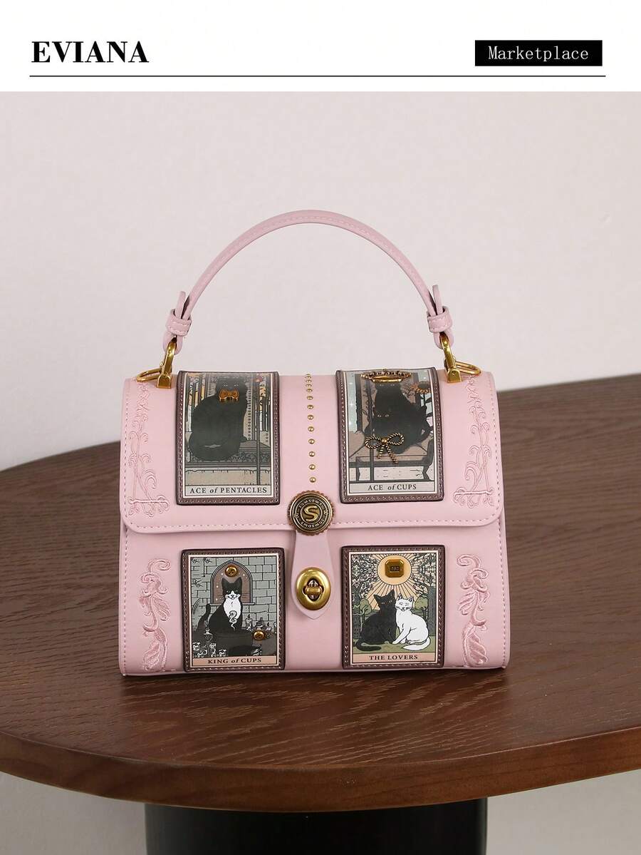 高端时尚女士手提包，复古Y2K奢华塔罗牌波士顿枕形包，可爱猫咪图案医生包，粉紫色独特造型大容量圆形包，街头风小众设计女士托特单肩斜挎包
