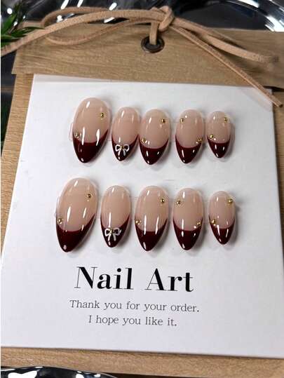 10 Pieces Of Light Brown And Red French-Style Wearable Jewelry. Transparent Gradient Bowknots With Gold Beads. Suitable For Both Work And Casual Occasions. Aesthetic Jewelry Pieces. Nails