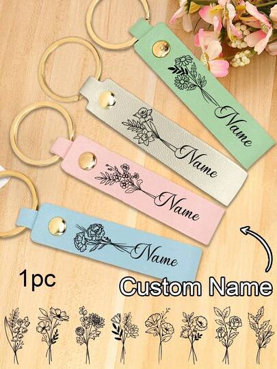1 pieza Llavero de cuero con flor de cumpleaños personalizada, llavero grabado con nombre personalizado, llavero de cuero personalizable, llavero grabado con remache de llavero, para manualidades de grabado láser DIY, 4 colores: verde/blanco/rosa/azul