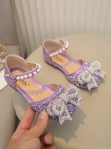 大童女童休闲平底公主风蝴蝶结水钻珍珠鞋 - 紫色 - 查看 3
