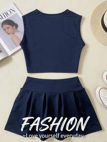 European & American Style Women's Fashion Polo Collar Elastic Fitted Sexy Camisole Top & Casual Elegant Sports Mini Skirt Set (Includes Underpants) Summer - Royal Blue - View 7