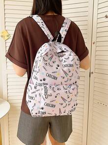 Bộ 3 món thời trang Preppy họa tiết chữ cái/kỳ lân, gồm ba lô, túi đựng cơm trưa và hộp bút, có ngăn đựng laptop, dây đeo điều chỉnh được và nhiều ngăn nhỏ, dung tích lớn, lý tưởng cho nữ sinh/sinh viên đại học/sinh viên tốt nghiệp sử dụng hàng ngày/đi nghỉ mát/du lịch/đi học. - Hồng - Xem 6