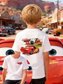 Disney Boys' T-Shirt Featuring A Creative Cartoon Print Of Lightning McQueen From Cars. Made From Soft, Comfortable, And Breathable Fabric, It's Perfect For Everyday Wear, Outings, And Activities-Making It An Ideal Gift For Kids. - White - View 1