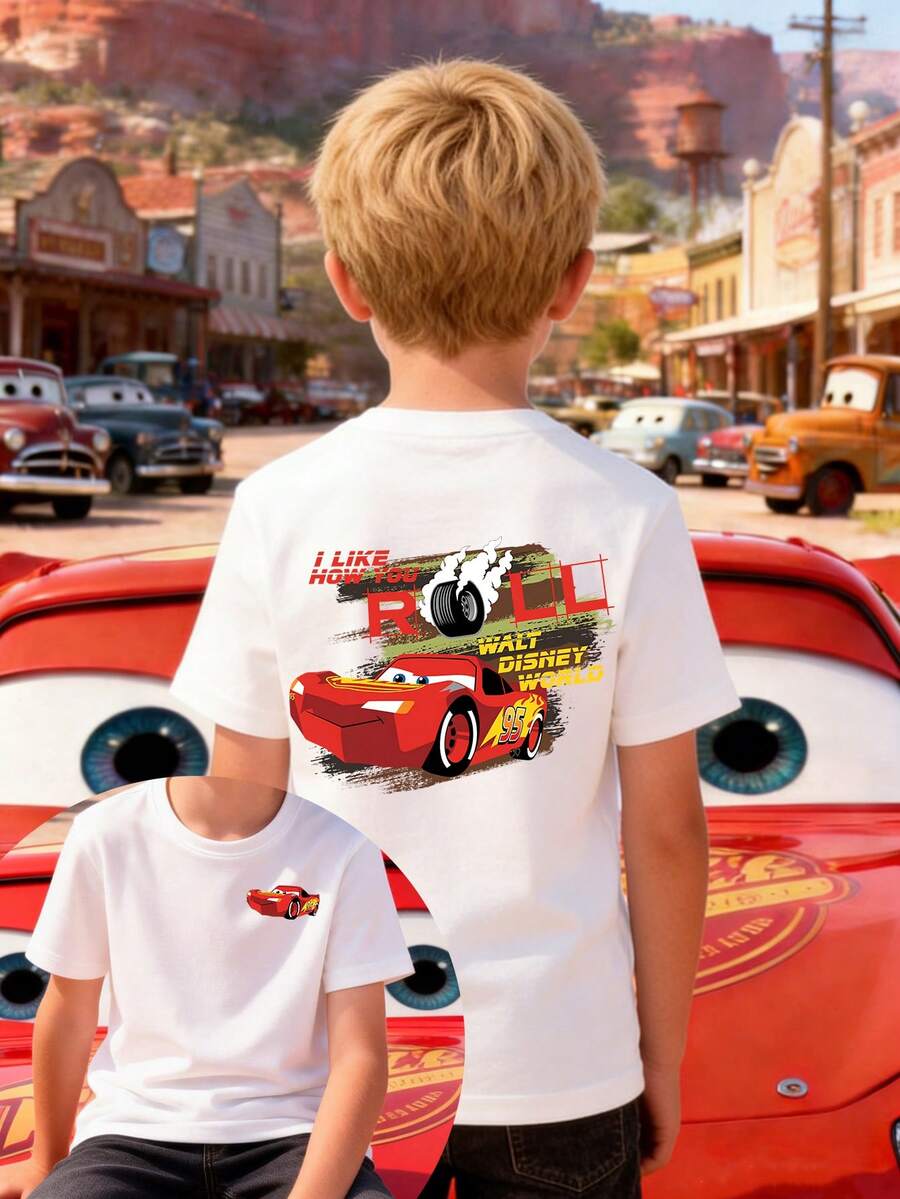 Disney Boys' T-Shirt Featuring A Creative Cartoon Print Of Lightning McQueen From Cars. Made From Soft, Comfortable, And Breathable Fabric, It's Perfect For Everyday Wear, Outings, And Activities-Making It An Ideal Gift For Kids. - White - View 1