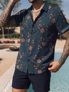 男士复古热带花卉印花衬衫，夏季短袖上衣，亚麻质感面料，休闲度假衬衫，海岛度假装 - 彩色 - 查看 1