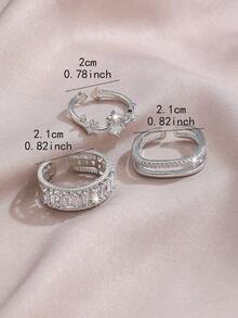 3pcs/Set Open Design Fashion Cubic Zirconia Butterfly, Heart & Line Pattern Ring Set, Geometric Rings Suitable For Women's Daily, Festival, Party Wear Or Gift - Silver - View 5