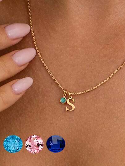 18K Gold Plated Stainless Steel Personalized Initial Necklace With Birthstone, Comes With Box Chain, Elegant Letter Birthstone Necklace, Birthstone Jewelry, Initial Necklace Gift For Her, Birthday Gift For Her, Valentine's Day Gift