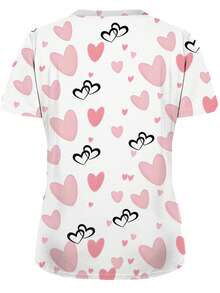 White Base Allover Print Women's Uniform Top, 2 Pockets, Nursing Scrub Shirt, Dental Clinic Workwear, Healthcare Uniform Top, Short Sleeve Nurse Shirt, Knit Fabric, 4 Seasons Spring - Multicolor - View 2