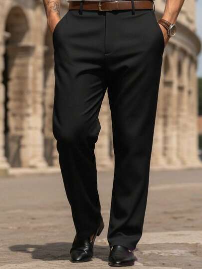 Men's Solid Color Knit Casual Pants, Men's Straight Leg Dress Pants, Slim Fit Trousers, Suitable For Work, Business, Commuting, Minimalist Casual