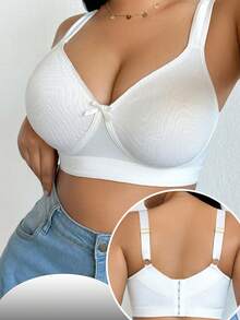Plus Size Women Wireless Bra, Breathable Non-Slip Lace Patchwork Lift Up Adjustable Strap Seamless Everyday Wear - White - View 6