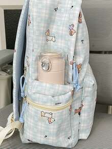 1pc Green Plaid + Puppy Print Canvas Backpack, Zipper Closure, Cute Style, Suitable For Students And Everyday Use, All Seasons - Blue - View 7