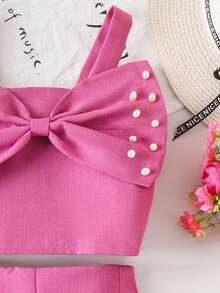2件套女童休闲3D蝴蝶结串珠吊带背心和短裤套装 - 玫紅色 - 查看 5