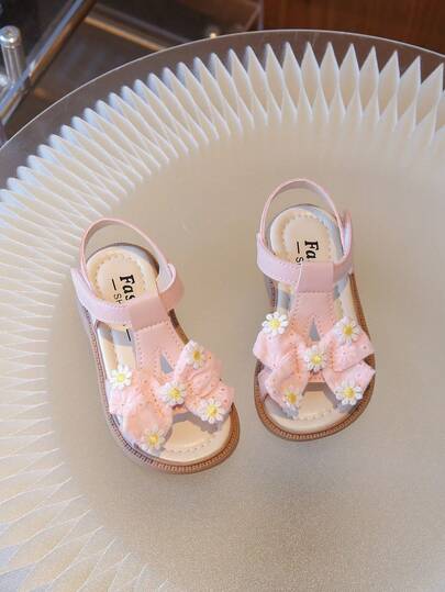 1 Pair Kids Solid Color Leather Bow Flower Design Flat Outdoor Cute Versatile Sports Sandals, Suitable For Summer