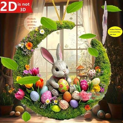 1 pieza de acrilico plano 2D estilo bohemio con conejo y huevos de pascua - Decoración colgante plana 2D con un adorable conejo blanco, huevos de pascua coloridos y flores vibrantes, excelente para regalos festivos, decoración de ventanas, decoración de canastas de pascua y bendiciones de pascua