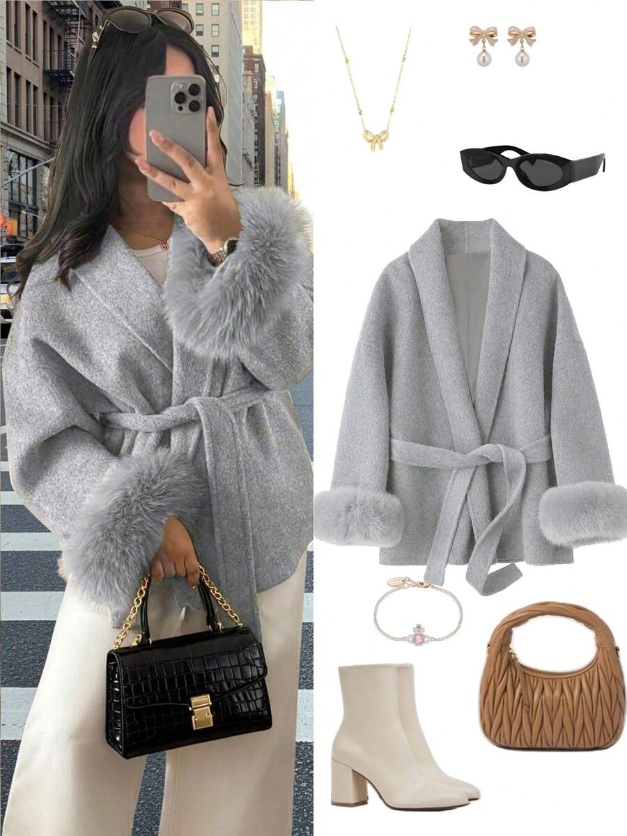 Autumn/Winter Women's New Aristocratic Style Tie-Up Faux Fur Sleeve Jacket, Elegant Wool-Like Fabric, Slim Fit, Kimono-Style Tie Belt Wool Coat Autumn/Winter Women's New Aristocratic Style Tie-Up Faux Fur Sleeve Jacket, Elegant Wool-Like Fabric, Slim Fit, Kimono-Style Tie Belt Wool Coat Women's Warm Faux Wool Fabric Coat, V-Neck, Drop Shoulder Long Sleeve, Tie Belt Design, Faux Fur Cuffs, Belted Waist, Elegant Style Suitable For Autumn/Winter - Light Grey - View 1