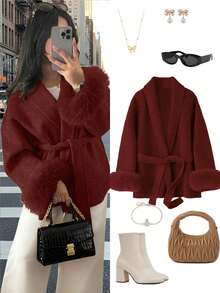 秋冬新款女士贵族风系带仿皮草袖外套，优雅羊毛质感面料，修身剪裁，和服式系带羊毛大衣。秋冬新款女士贵族风系带仿皮草袖外套，优雅羊毛质感面料，修身剪裁，和服式系带羊毛大衣。女士保暖仿羊毛面料大衣，V领，落肩长袖，系带设计，仿皮草袖口，系带腰身，优雅风格，适合秋冬穿着。 - 酒紅色 - 查看 1