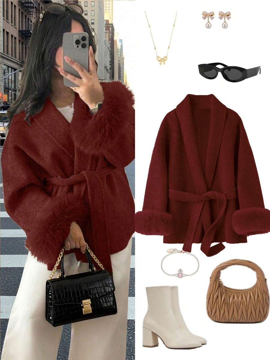 秋冬新款女士贵族风系带仿皮草袖外套，优雅羊毛质感面料，修身剪裁，和服式系带羊毛大衣。秋冬新款女士贵族风系带仿皮草袖外套，优雅羊毛质感面料，修身剪裁，和服式系带羊毛大衣。女士保暖仿羊毛面料大衣，V领，落肩长袖，系带设计，仿皮草袖口，系带腰身，优雅风格，适合秋冬穿着。 - 酒紅色 - 查看 1