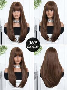 26 Inch Heat Resistant Synthetic Machine Wefted Bangs Wig, Elegant Style, Naturally Fluffy And Soft Heat Resistant Synthetic Full Machine Wefted Wig, Suitable For Daily Wear, Music Festivals, Parties, Cosplay, Also A Great Gift For Friends - Brown - View 8