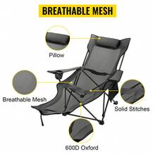 Folding Camp Chair With Footrest Mesh, Portable Lounge Chair With Cup Holder And Storage Bag, For Camping Fishing And Other Outdoor Activities (Grey) - Xám - Xem 2