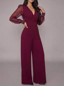 QIANZHIDU Mono elegante de malla y parches con adornos de cristal para uso diario - Burdeos - Ver 1