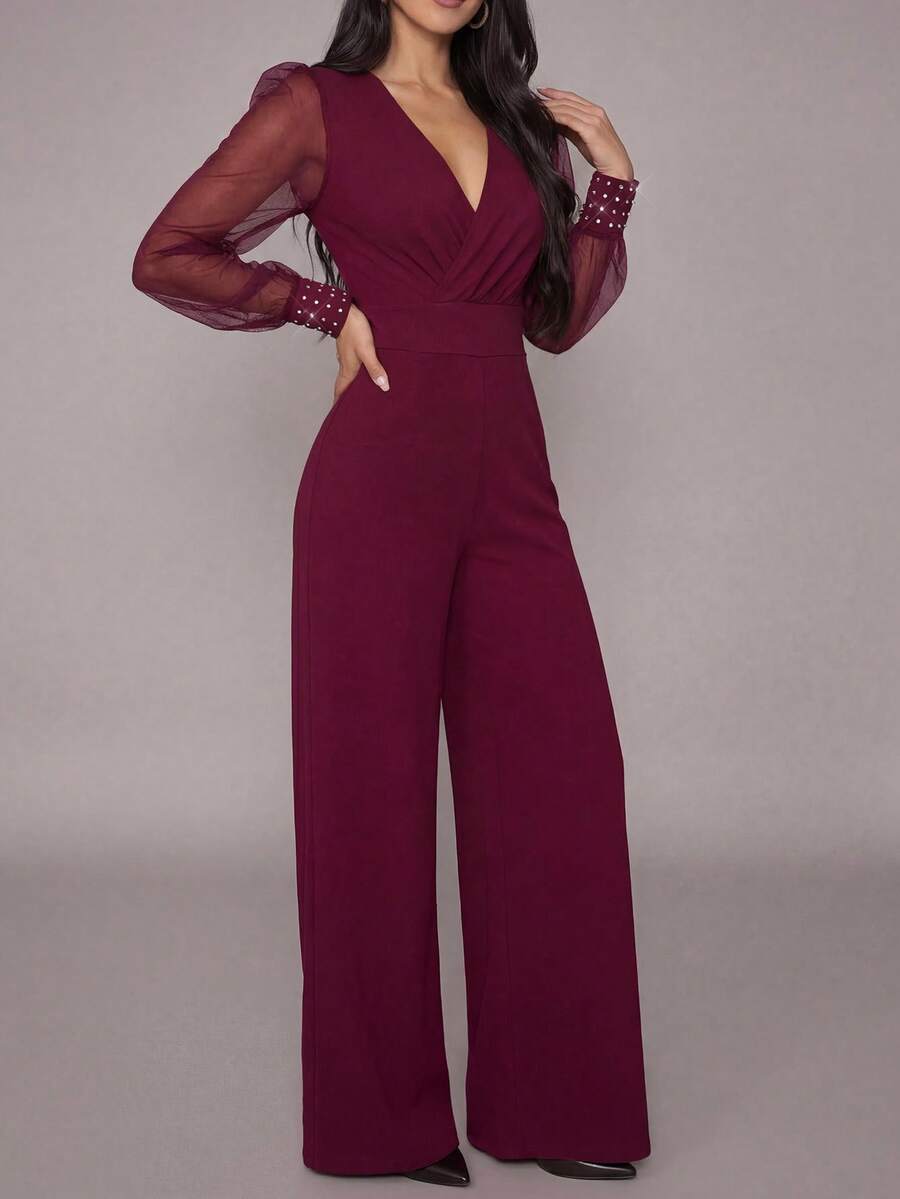 QIANZHIDU Mono elegante de malla y parches con adornos de cristal para uso diario - Burdeos - Ver 1