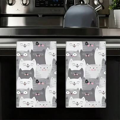 2pcs Gray Cute Cat Design Kitchen Towels, Super Absorbent Dish Cloths, Drying Rags, Cleaning Cloths, Soft Material, Machine Washable, Multipurpose Decor, Birthday Gift, Present For Family & Friends, Suitable For Cooking, Baking, Cleaning, Bathroom, Tabletop Decor - Perfect Home Decoration Choice.