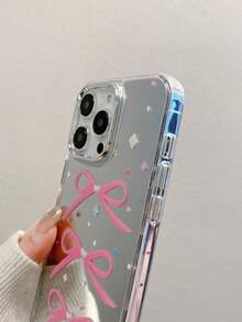 1pc Mirrored Triple Bow Anti-Drop Full Coverage Phone Case Protective Cover Compatible With IPhone 11/12/13/14/15/16/17/Pro Max - Pink - View 2