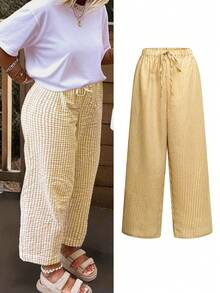 女士波西米亚风蝴蝶结腰带格纹阔腿裤 | 黄色混色印花 | 情人节、音乐节及日常休闲穿着必备单品，2026春夏款 - 黃色 - 查看 3