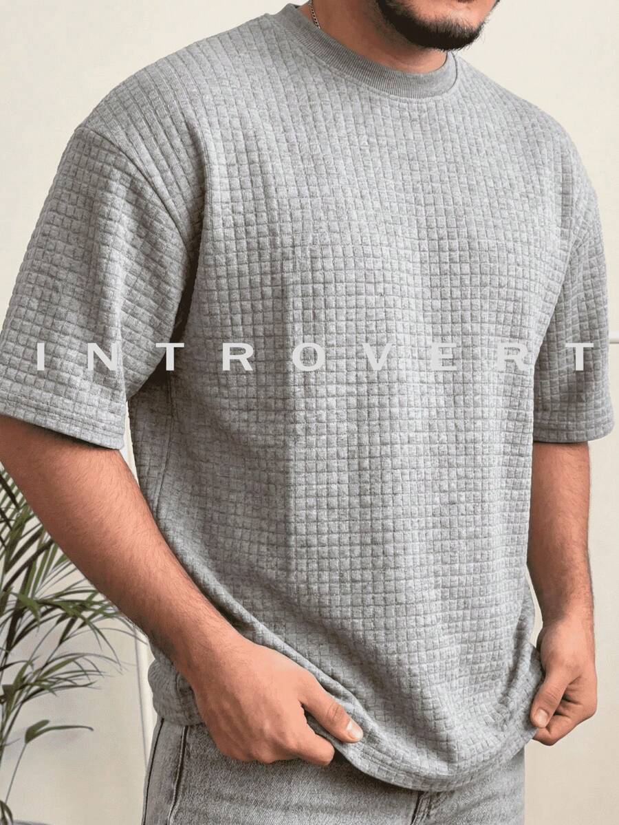 Men's Casual Short Sleeve Plaid Knit Fabric Design, Simple & Comfortable Style Suitable For Work And Home Wear - Grey - View 1