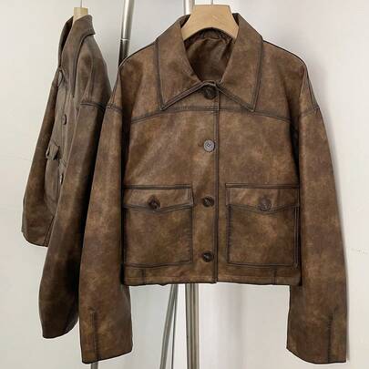 OFTBUY Women's Solid Color PU Leather Zip Pocket Jacket, Suitable For Office, Daily Wear, Airport, Travel, Festivals, Autumn/Winter