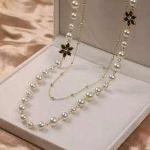 1件装时尚女士珍珠花朵项链，优雅多层毛衣链，百搭，适合外套、休闲和派对场合 - 6瓣花長項鍊 - 查看 10