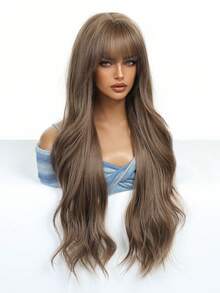 1顶女士红棕色波浪卷发假发，带刘海，26英寸长卷曲合成发，高温丝材质，玫瑰网帽，150%密度，适合日常和派对使用 - 棕色 - 查看 5