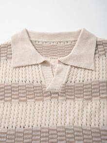 BLACKTOEXIT Men's Polo Shirt, Collared Short Sleeve Knitted Old Money American Style Striped Knit Top, Spring/Summer - Apricot - View 8