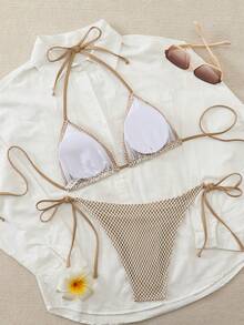 New Seashell & Starfish Princess Sexy Mesh Rope Wild Beach Vacation Style Halter Tie Strap Bikini Swimsuit For Women, Sensitive Backless Swimwear - Beige - View 2