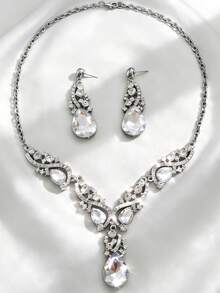 3pcs Elegant Vintage Gorgeous Sparkling Rhinestone-Embedded Necklaces For Women & Earrings For Women ,Jewelry Set, Party, Evening & Bride Accessory Gift - Transparent - View 1