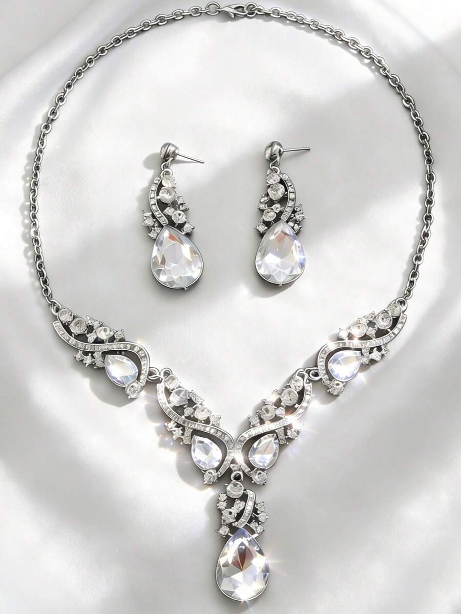 3pcs Elegant Vintage Gorgeous Sparkling Rhinestone-Embedded Necklaces For Women & Earrings For Women ,Jewelry Set, Party, Evening & Bride Accessory Gift - Transparent - View 1