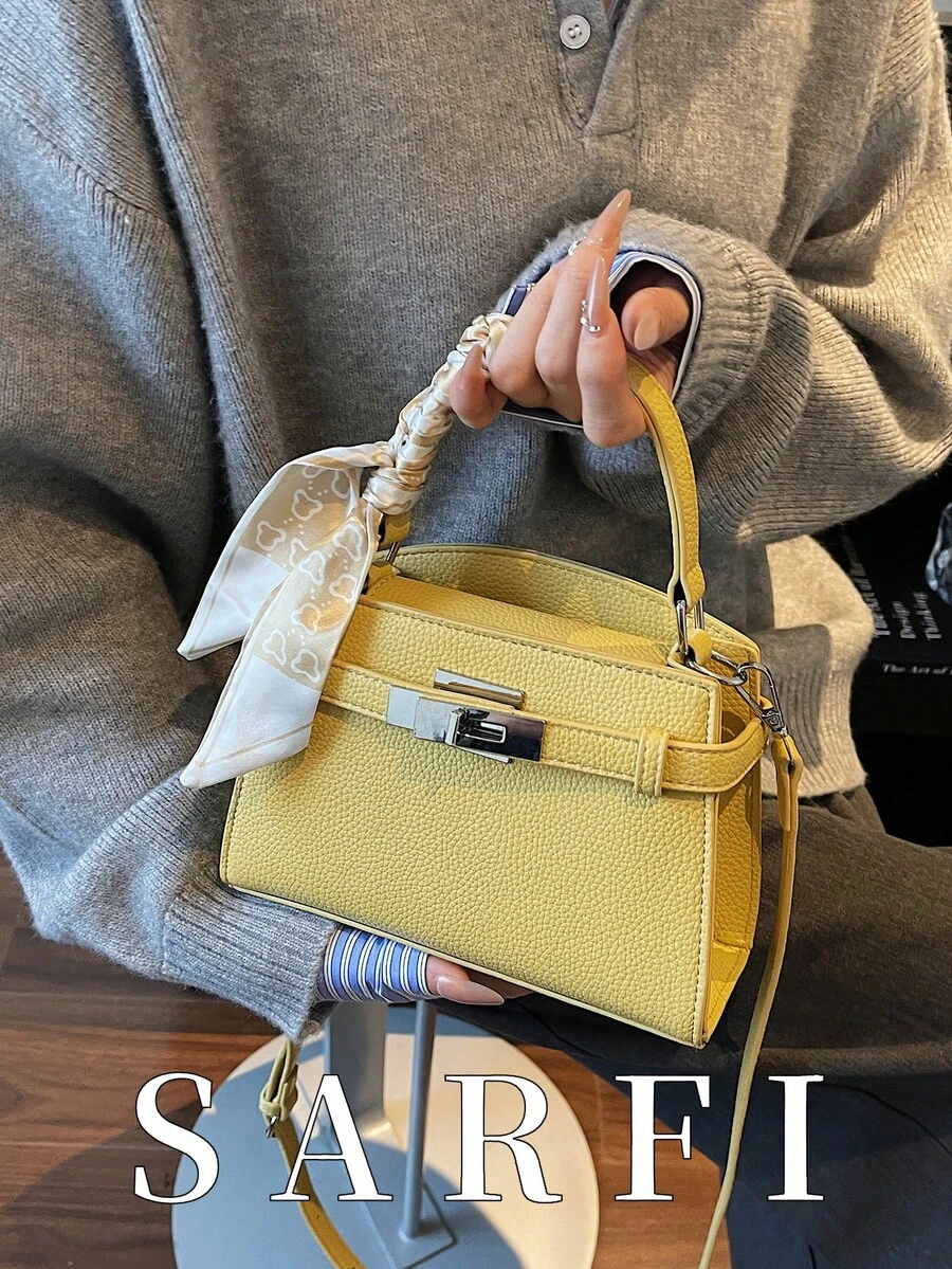 高端优雅丝巾装饰女士手提包;现代风格精致五金搭扣设计单肩包,简约百搭都市通勤风可调节肩带斜挎包 - 黃色 - 查看 1