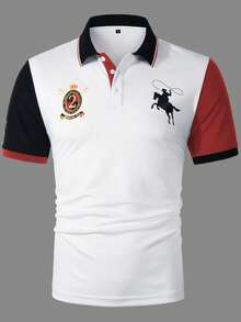 1pc Men's Casual Color Block Printed Short Sleeve Polo Shirt - Red - View 3