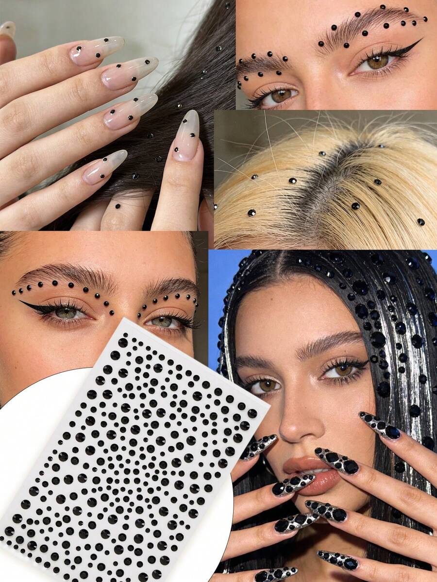 8pcs/5pcs/3pcs/2pcs/1pc 3mm/4mm/5mm/6mm Multi-Size Geometric Self-Adhesive Rhinestone Stickers, Mysterious Black Crystal Simulated Jewelry Diamonds For DIY Crafts And Art Projects, Carnival, Valentine's Day, Halloween, Christmas, Mother's Day, Party, Music Festival, Face And Nail Decoration - Black - View 1