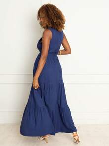 Women's Premium Summer Dress, Charming, Lightweight, Elegant, Casual, Stylish, Party, Asymmetrical, Hem With Ruffle, Knot, Wedding - Royal Blue - View 2