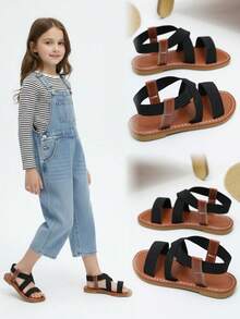 1 Pair Simple & Elegant Elastic Band Slip-On Round Toe Flat Sandals, Suitable For Boys & Girls Aged 3-15 For Casual, School, Gathering, Walking, Travel, Vacation, Spring/Summer 2026 New Arrival - Black - View 8
