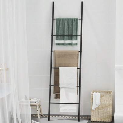 1Pc Black 6-Tier Freestanding Blanket Ladder Rack, Wall-Mounted Iron Utility Rack,Dual-Function Towel Rack And Clothing Rack, Durable Iron Construction, Easy Assembly