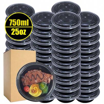 15/30 piezas, Recipientes de almacenamiento de alimentos redondos de 750ml extra gruesos, Cajas bento negras, Recipientes desechables para preparación de comidas, Microondas/Refrigerador, Apilables, Para preparación de comidas, Para llevar, Picnic, Hamburguesas, Reuniones familiares, Días festivos