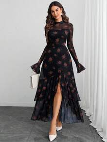 Đầm dài tay cổ tròn bằng vải lưới hoa văn vintage thanh lịch dành cho nữ, kiểu dáng lãng mạn với hai lớp vải phối màu bất đối xứng, thích hợp cho các buổi hẹn hò hàng ngày, các ngày lễ và kỳ nghỉ xuân. - Nhiều màu - Xem 2