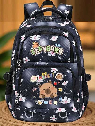 Capybara Nylon Backpack - Pink Purple Black Nylon Material, Adjustable Shoulder Straps, Zipper Closure, Multiple Compartments, Ideal For Back To School And Travel, Backpack | Cute Design,Large-Capacity Multi-Layer Pencil Case,Back To School Supplies Essentials Office Supplies Valentine's Day Gifts